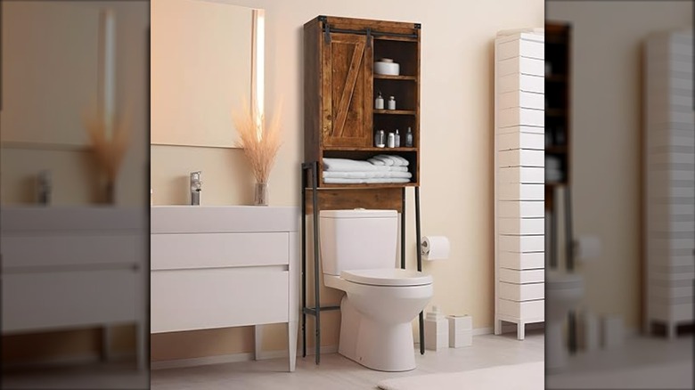 wooden farmhouse over toilet bathroom cabinet