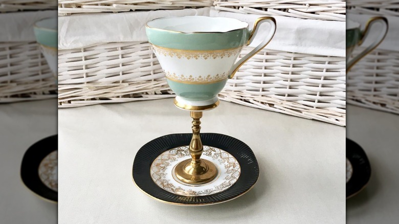teal and gold teacup wine glass