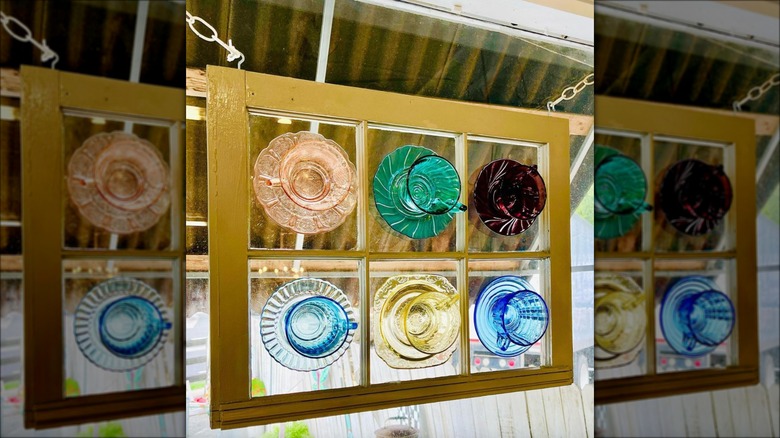 glass teacups on repurposed window