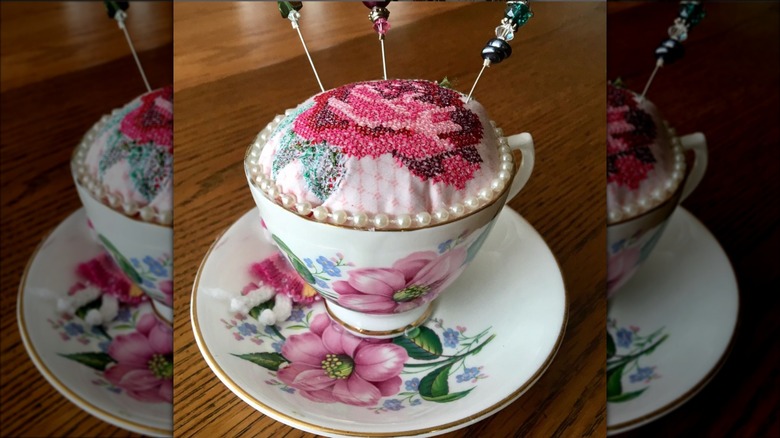 pink floral teacup pin cushion