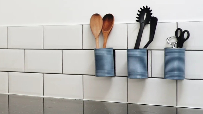 DIY utensil holders using upcycled cans and Velcro