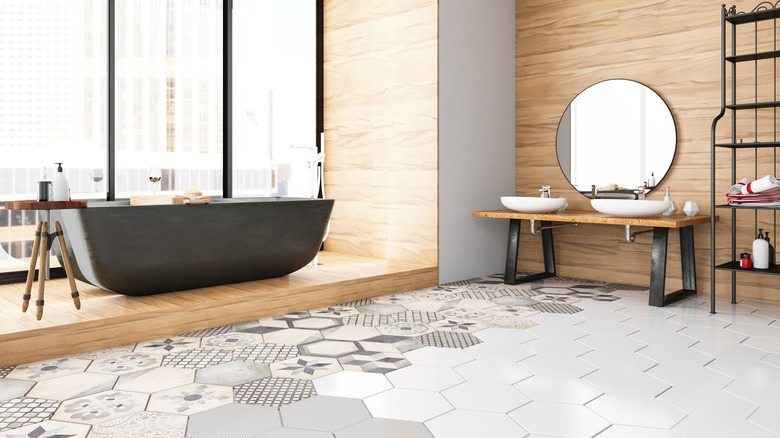 patterned eclectic tiles near bathtub