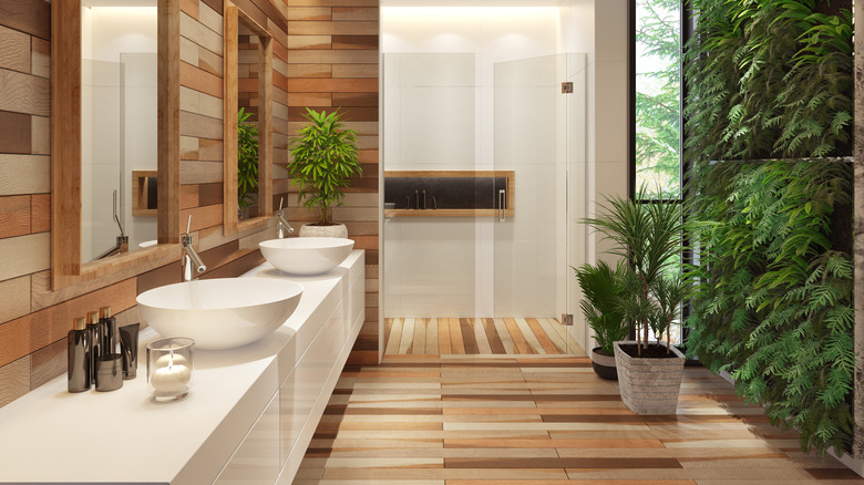 multi-colored wooden planks in bathroom