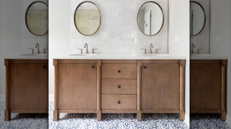 blue patterned tiles in bathroom