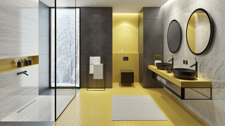 yellow tile floor in bathroom