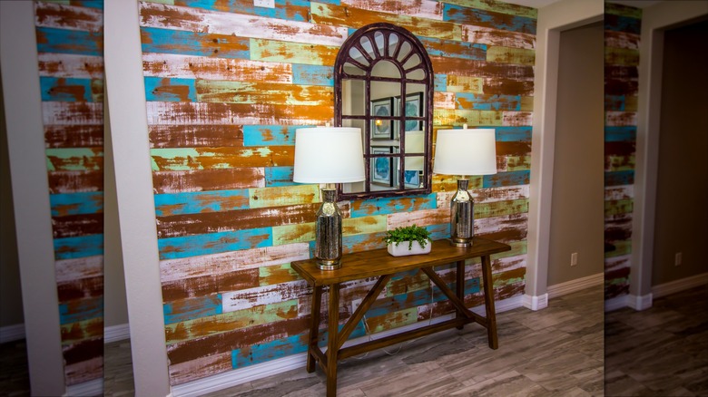 Accent wall with colorful wooden panels