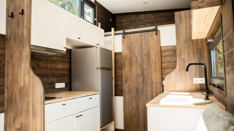 Wooden features in tiny kitchen