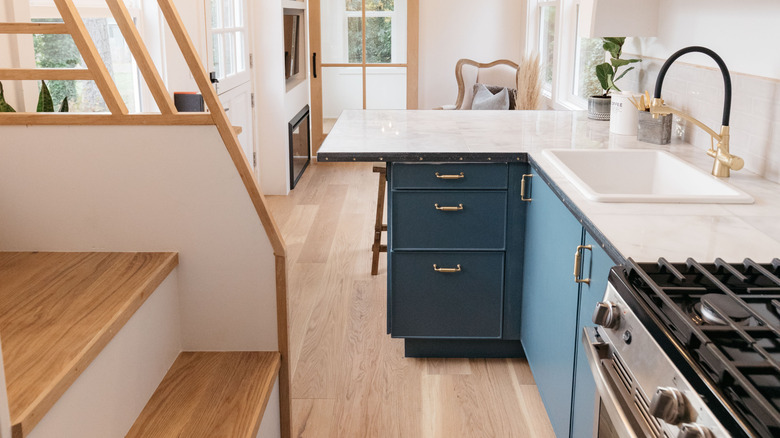 Blue cabinets in small kitchen