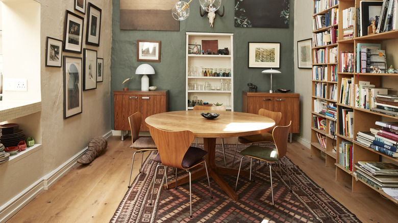 book shelves in dining room