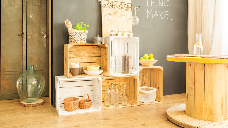 wood crates along wall