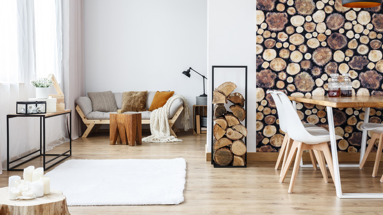 wood log wallpaper in home