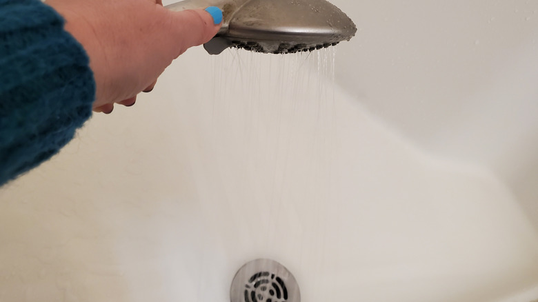 A Caucasian hand holds a runnin shower head over a drain to show good drainage.