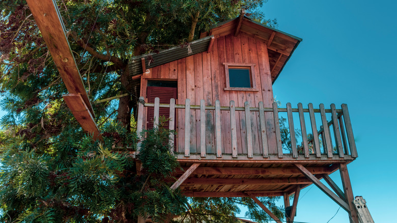 red treehouse with fence