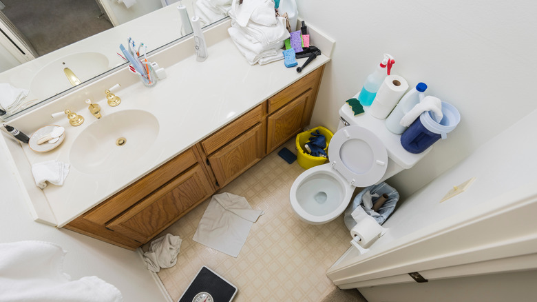 bathroom full of clutter