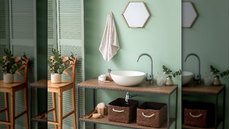 pastel green paint in bathroom