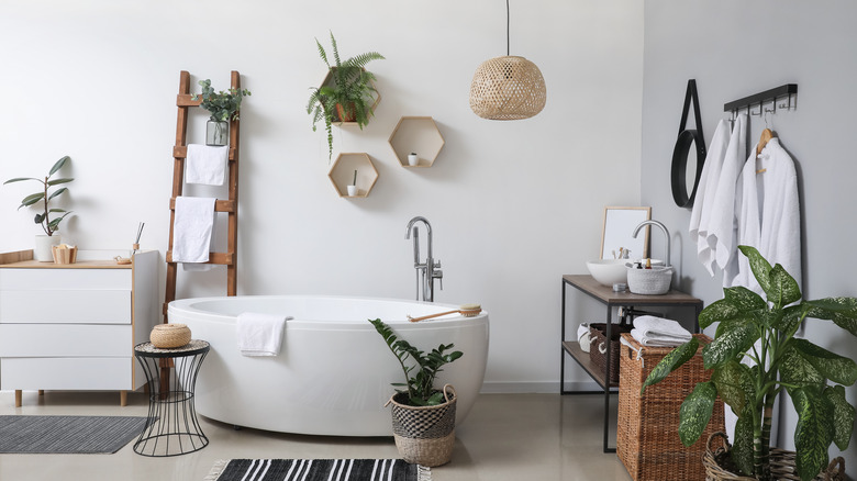 woven chandelier in bathroom