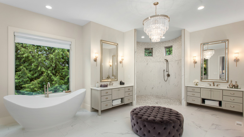 modern chandelier in bathroom