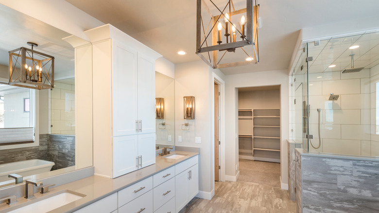 farmhouse light fixture in bathroom