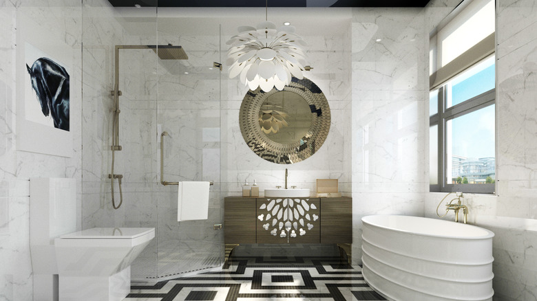 floral chandelier in bathroom