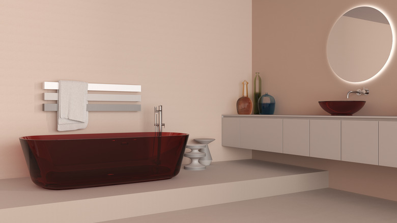 red bathtub in a bathroom