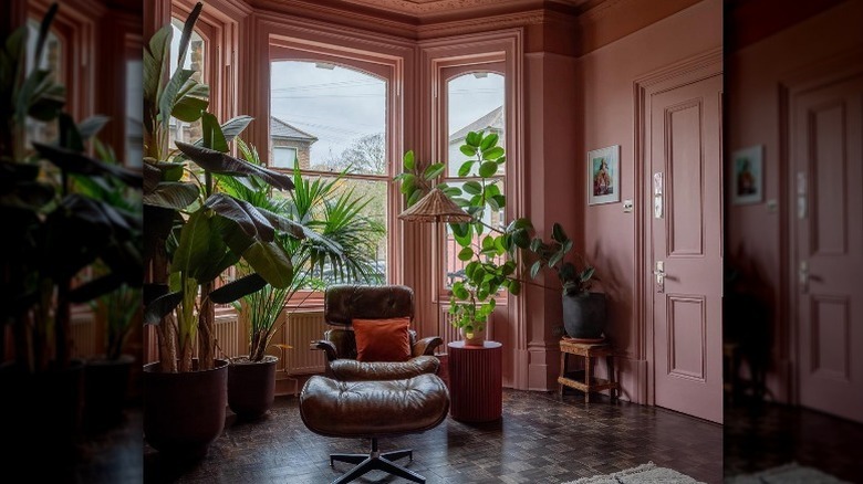 bay window with plants and armchair