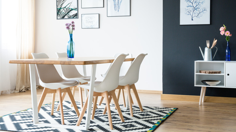 patterned rug under wooden table