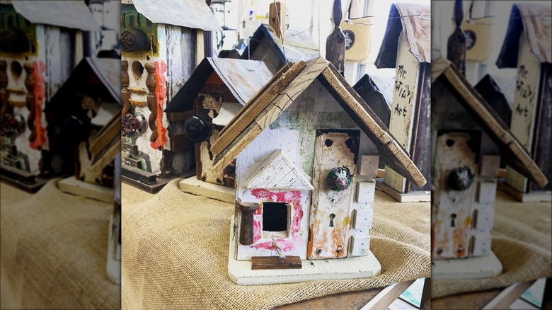 small upcycled material birdhouse