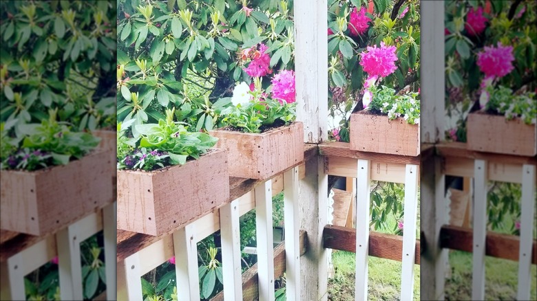 small wood planters on railing