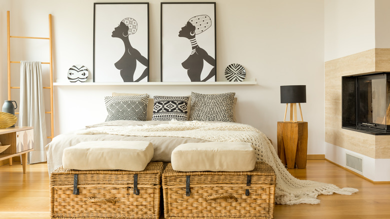 boho bedroom with African art 