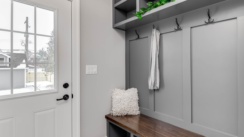 gray mudroom bench with storage