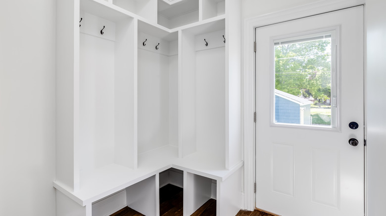 white corner mudroom bench