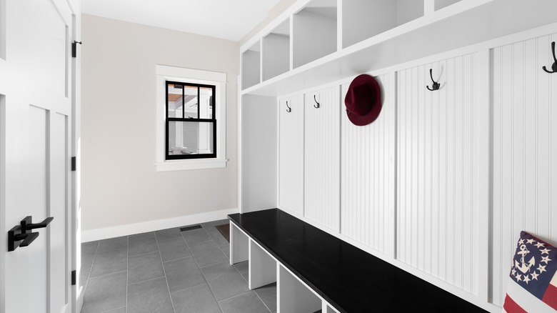 white and black mudroom bench