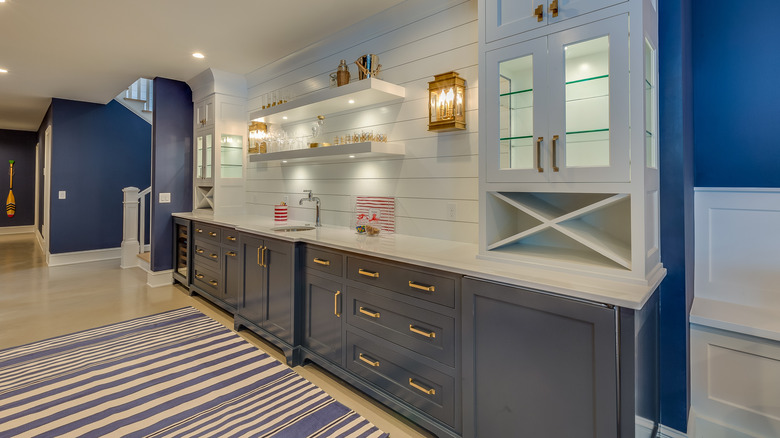 blue striped rug in kitchen