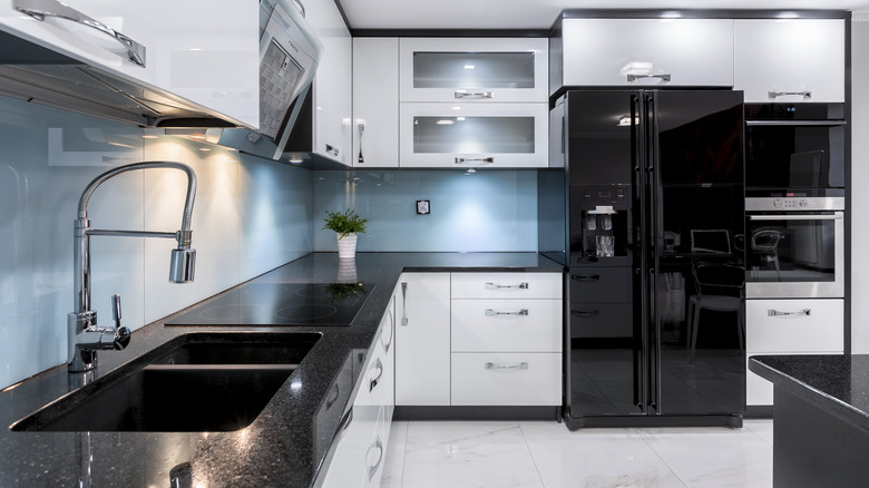 blue backsplash in modern kitchen