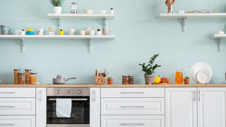 light blue wall behind shelving