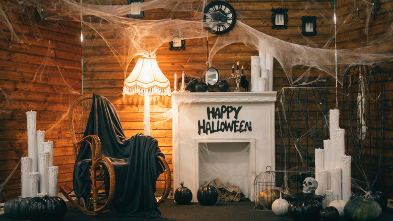 Happy Halloween banner on fireplace