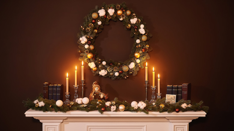 candles along fireplace mantel