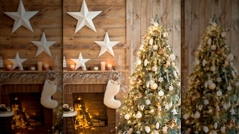 white star decorations above fireplace