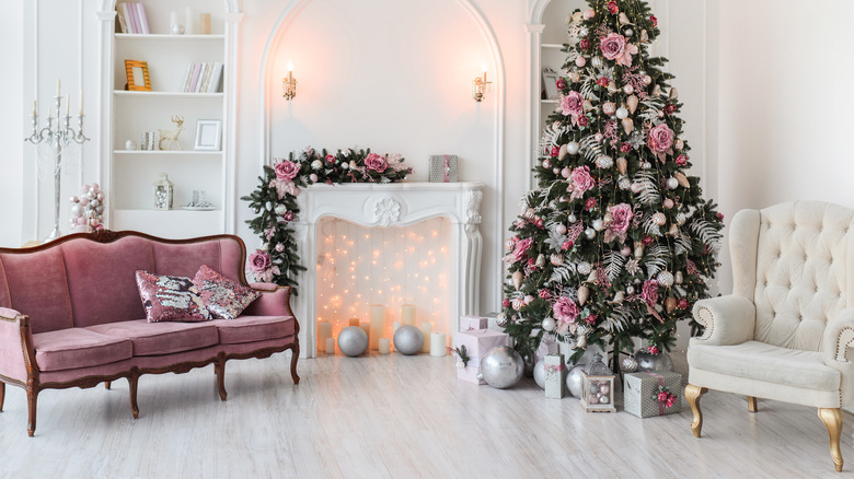 pink decorations in Christmas display