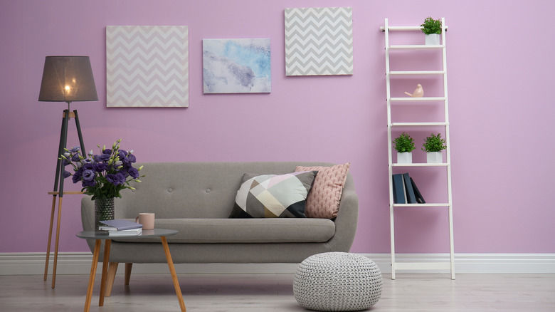 lilac room with gray couch