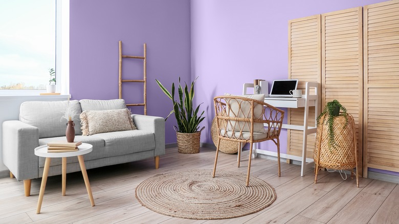 lilac room with wooden accents