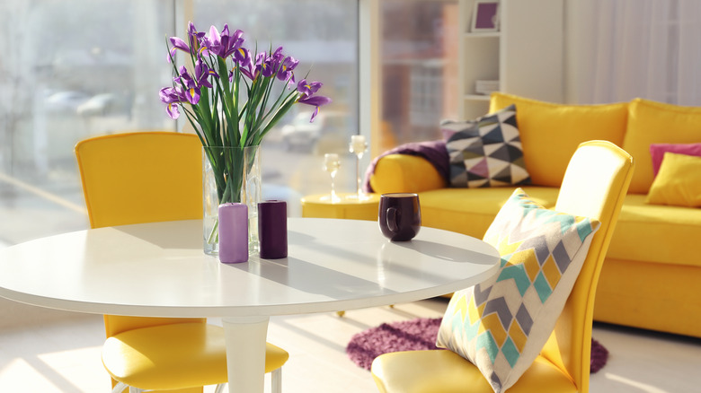 yellow furniture and lilac décor