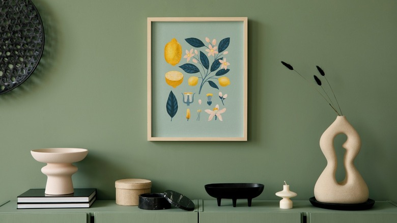 Lemon artwork on olive wall