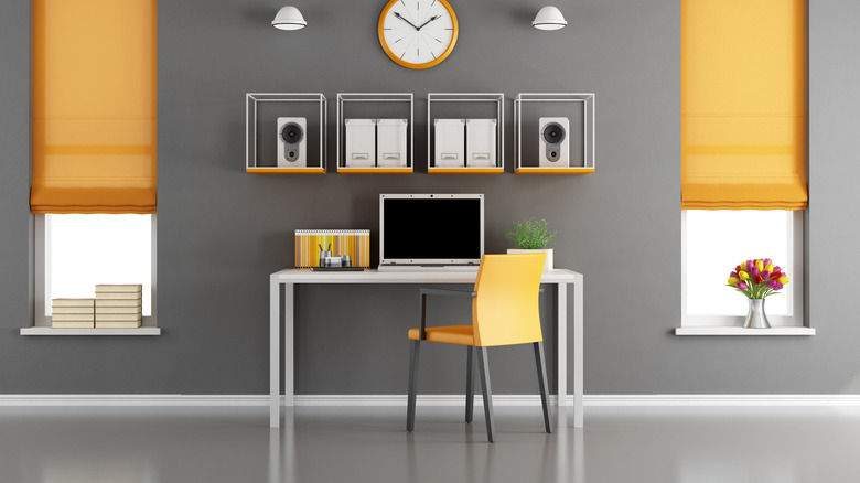 gray and orange home office