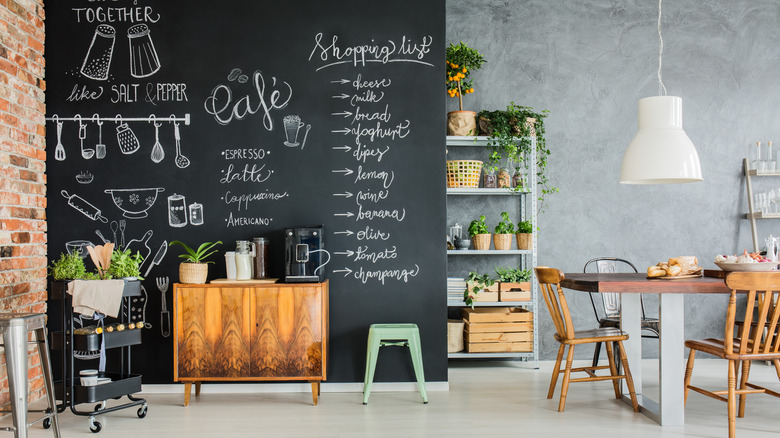 kitchen with charkboard wall 