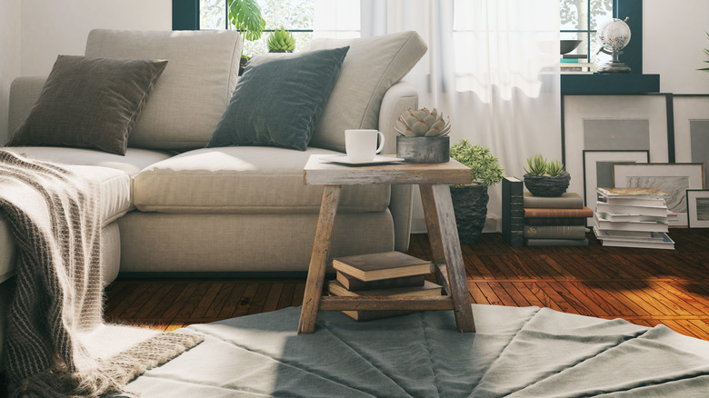 A rustic wood coffee table in living room