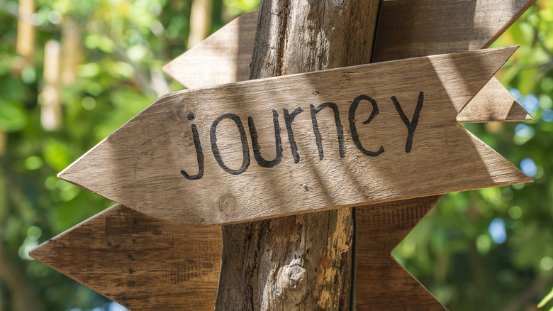 Wooden garden sign with the word journey painted in black