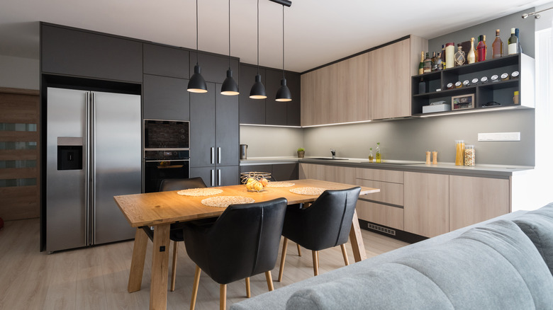 wooden table in gray kitchen