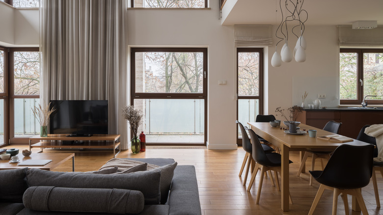 table separating kitchen from couch