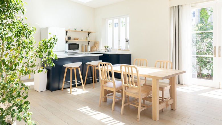 blue island with wooden table